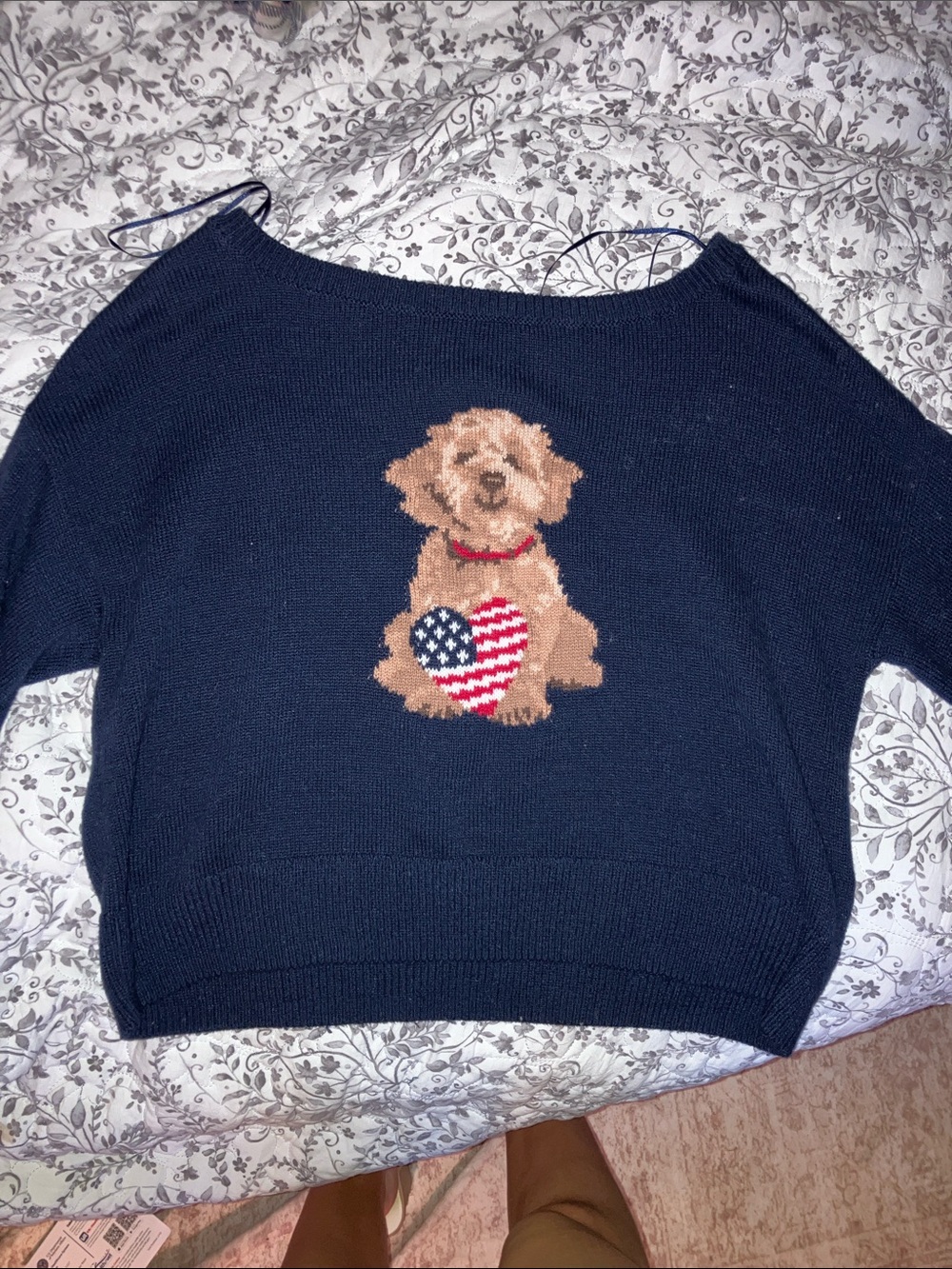 Hollister Navy Knit Dog Sweater with Tan Puppy and Red, White & Blue Heart
